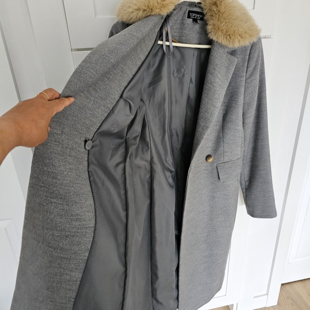 Topshop Grey Double Breasted Nancy Coat w/ Removable Faux Fur Collar 6 Like New - Picture 9 of 16